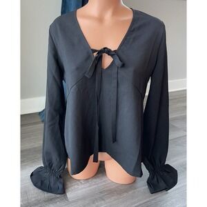 Line And Dot Black V-neck Blouse S Long Sleeve Shirt Top Smocked Wrist NWT